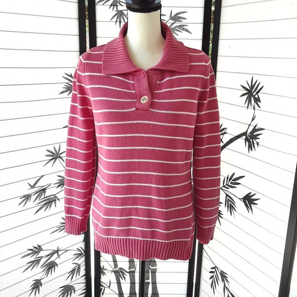 Liz Claiborne Pink White Striped Ribbed Knit Collared Sweater Size M - Picture 1 of 10